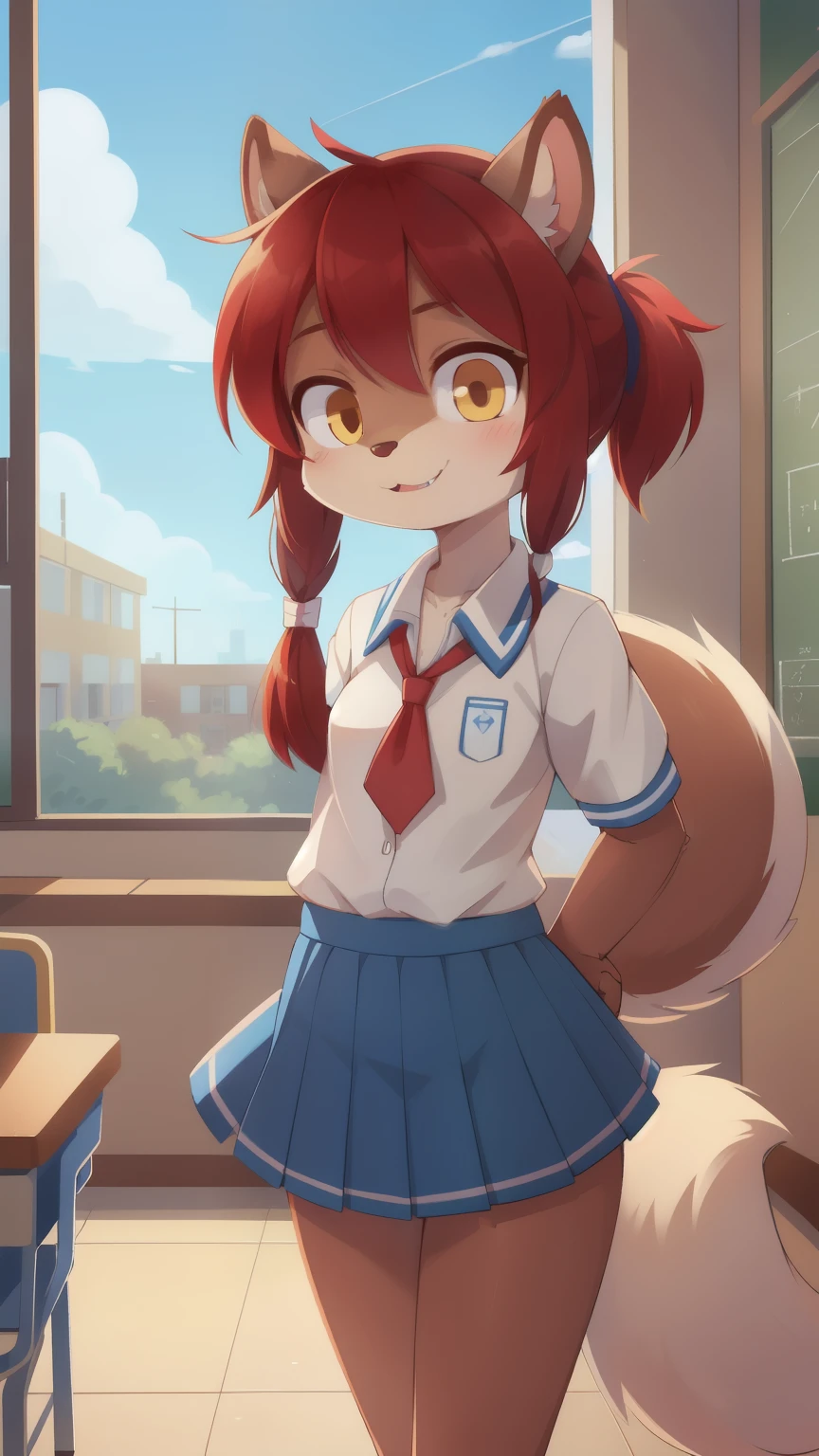 score_9,score_8_up,score_7_up, source_cartoon, source_furry, furry girl, squirrel, squirrel ears, multicolored hair, red hair, white hair, long twintails, yellow eyes, squirrel tail, ((school uniform, school shirt, blue skirt)), narrowed eyes, detailed body fur, detailed face, detailed eyes, glistering body, shiny body, gorgeous body, skinny, solo, :3, squirrel teeths out, two tone body fur, brown body fur, clear brown body fur, school, clear sky, uperbody,
