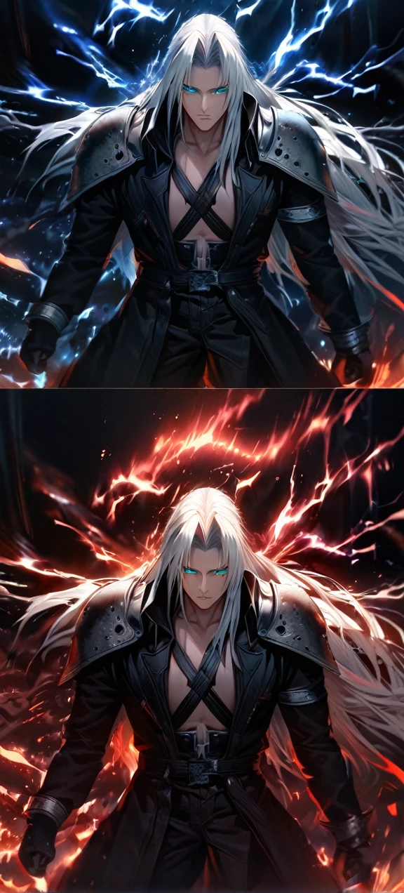 Symetrical,absurdres, highres, ultra detailed, HDR, masterpiece, extremely detailed face and eyes, sephiroth,final fantasy 7,long white hair , , solo, man, handsome, ,, , Epic fight scene,black lightning effect, glowing glitters, ,black flames effect, black aura effect, black splashing, surrounded by dark energy