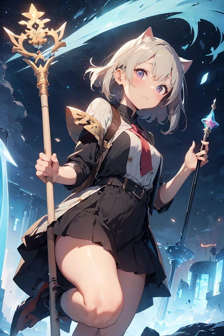 masterpiece,Highest quality,Super detailed,Highly detailed CG,High resolution,Highly detailed skin,Perfect Anatomy,Trick him?Fantastic details,Cowboy Shot,Purple eyes,lipstick,eyeliner,eye shadow,thin,Shiny skin,Medium chest,Bobcut,Silver Hair,Shiny Hair、(of Legends, Mythical Glowing Staff:1.6),(棒の先端はかわいい猫のFoot shapeをしています:1.6),(Look out for the cat-shaped stick:1.6),(Battle at the Demon Castle:1.5),The handle of the cane is smooth and fits comfortably in your hand..、There is a cat at the end of the road&#39;Foot shape.。The paw pads are covered with a soft texture..、Feels warm to the touch。At the tip of the stick、It is decorated like a cat&#39;nails.、The glow gives off a mysterious light。

The whole staff、Carved with ancient writings and magical symbols.、The design is mysterious and beautiful.。The stick is strong.、at the same time, Gives a sense of elegant energy.。Not only does it give its owner strength and protection,,、It exists as a source of wisdom and courage..。