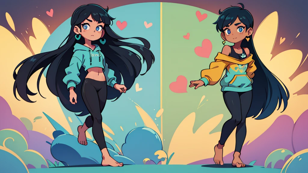 ultra high quality solo, a woman with a heart shaped face, blue eyes, pretty eyeshadow, shoulder length blue black hair, slightly tan skin tone, wearing a pastel green hoodie and black leggings, bare feet standing together happily