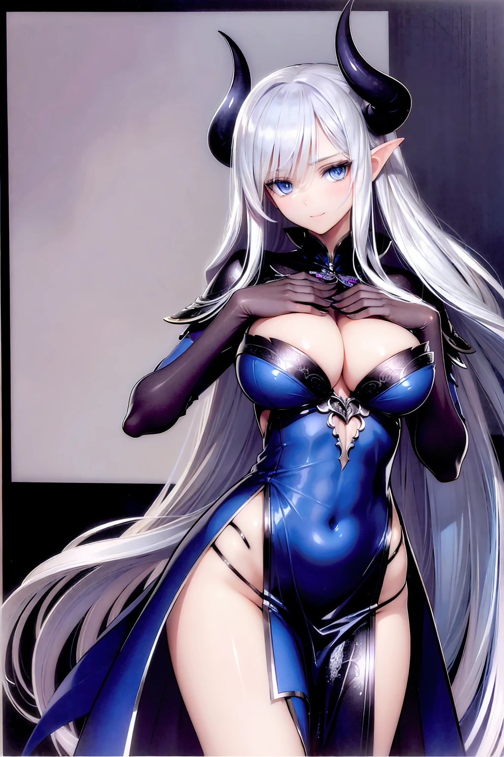 (((1 demoness))), ((detailed blue eyes)), ((long silver hair)), large breasts, curvy hips, perfectly drawn body, seductive smile, white dress, adorned with blue roses, casting spells, best quality, masterpiece, ultra-detailed