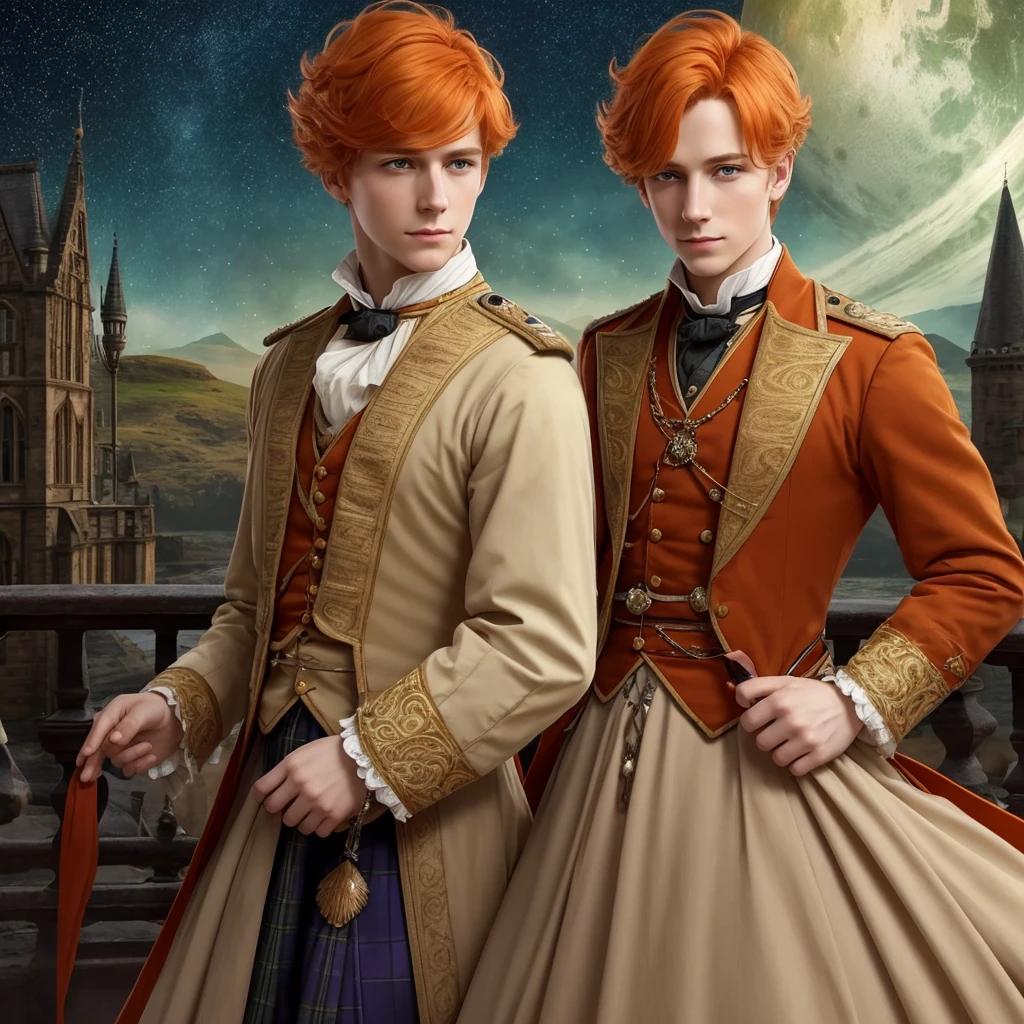 Fantasy prince orange hair and victorian beige clothes green eyes delicate scottish Effeminate looking at the stars