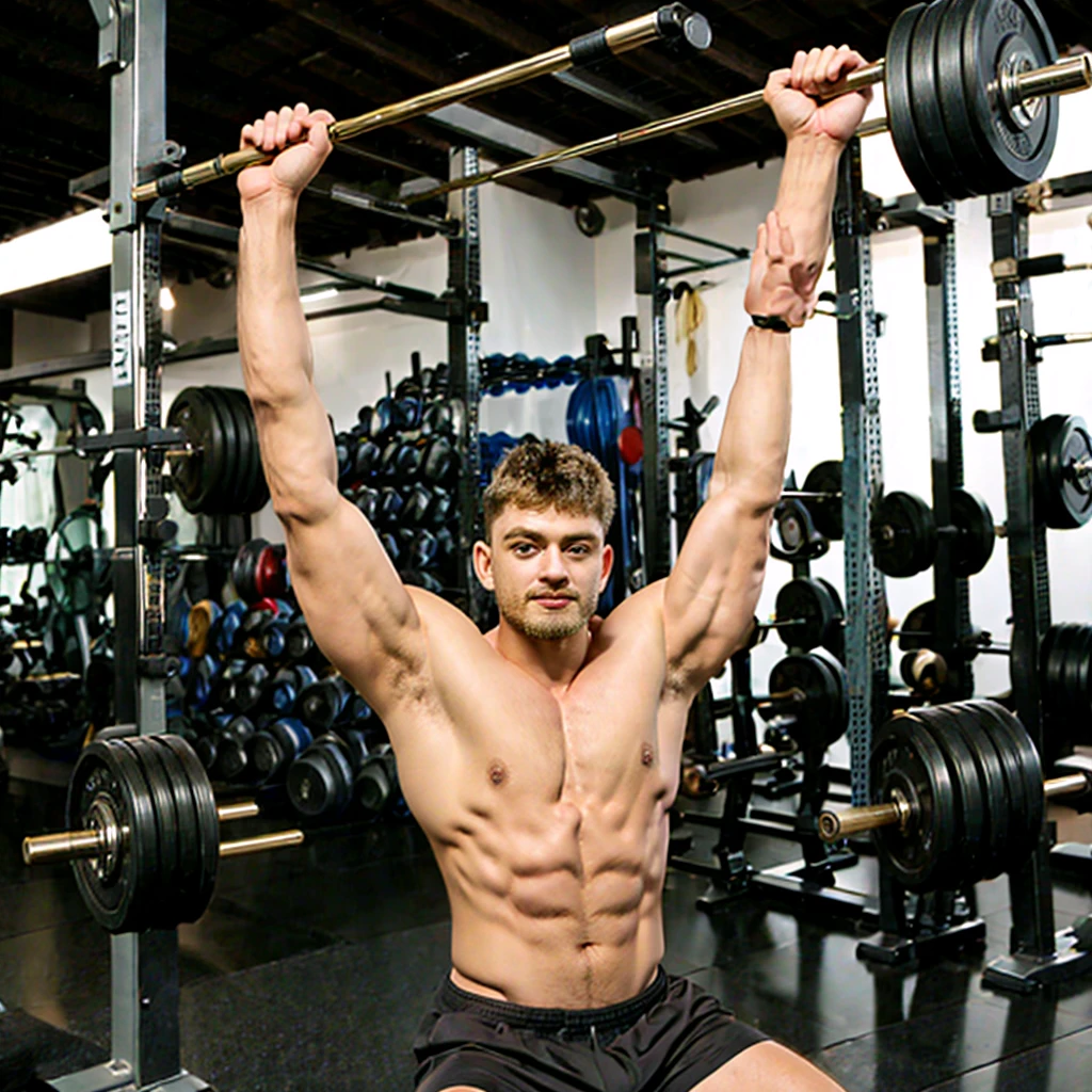 (masterpiece, best quality), 1man, solo, lifting weights, connormoore93