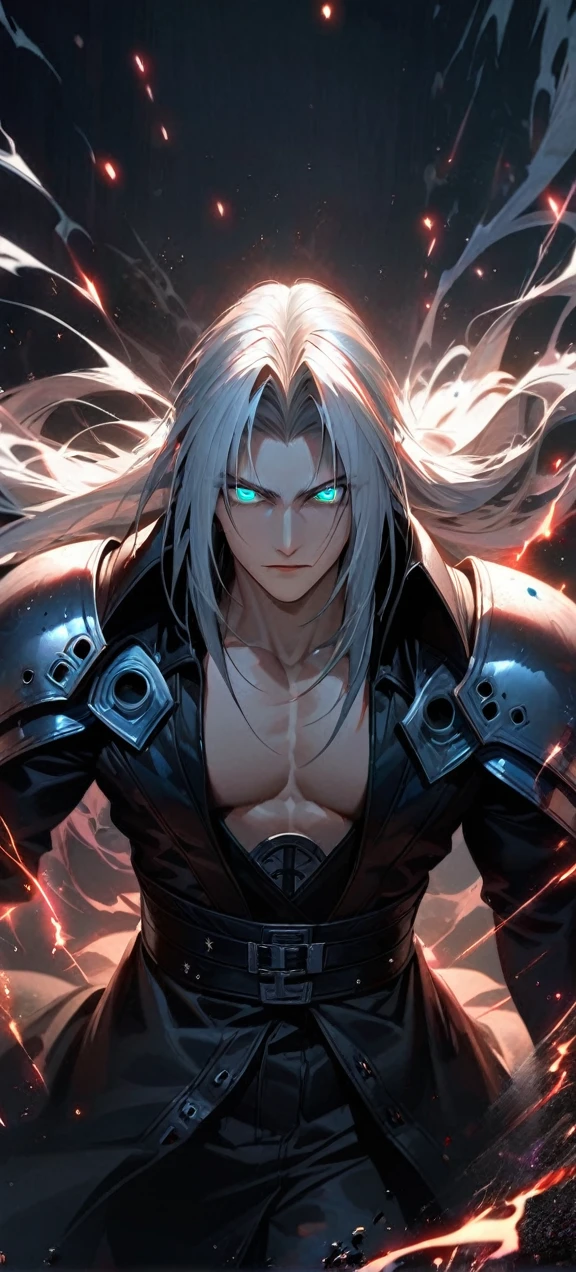 Symetrical,absurdres, highres, ultra detailed, HDR, masterpiece, extremely detailed face and eyes, sephiroth,final fantasy 7,long white hair , , solo, man, handsome, ,, , Epic fight scene,black lightning effect, glowing glitters, ,black flames effect, black aura effect, black splashing, surrounded by dark energy