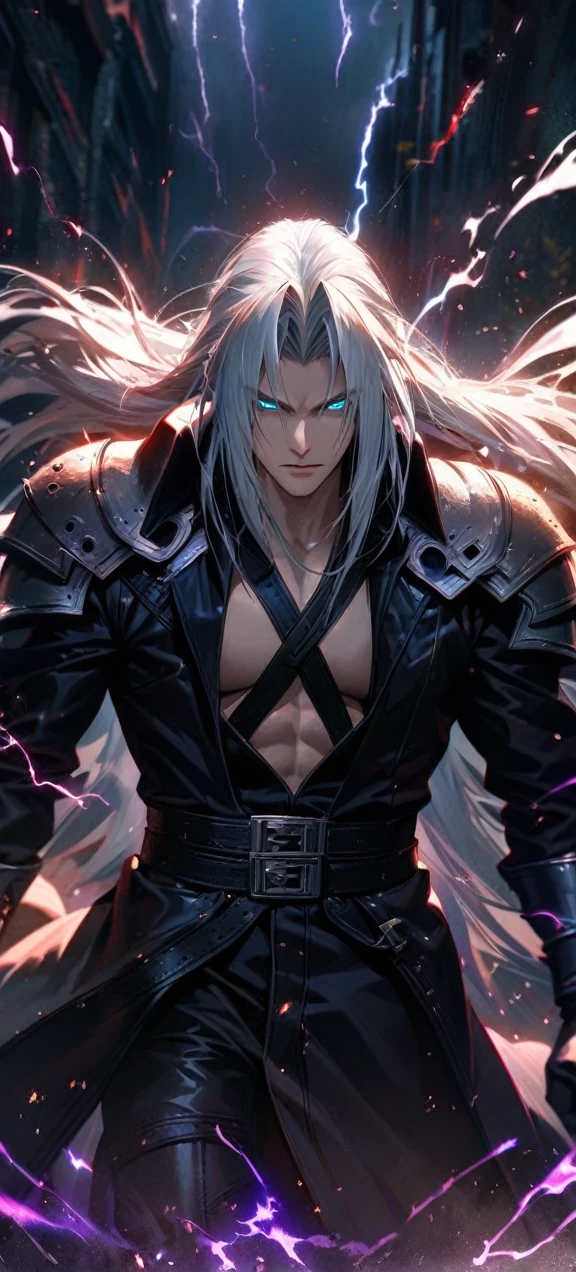 Symetrical,absurdres, highres, ultra detailed, HDR, masterpiece, extremely detailed face and eyes, sephiroth,final fantasy 7,long white hair , , solo, man, handsome, ,, , Epic fight scene,black lightning effect, glowing glitters, ,black flames effect, black aura effect, black splashing, surrounded by dark energy