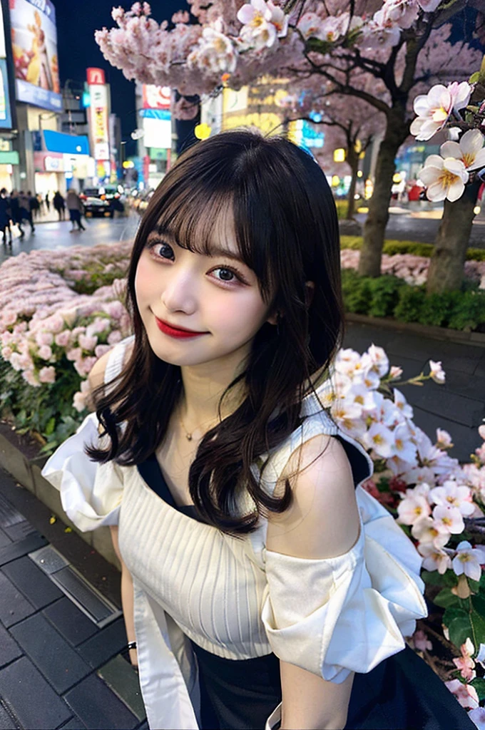 (top-quality、8K、32k、masuter piece、nffsw:1.2)、profile、(slim figure:1.2)、(s lips) 、18year old、kawaii pose、Incredibly ridiculous、(Shinjuku Kabukicho:1.3)、Colossal tits、double eyelid、shinny skin、Realistic rays、pool、beauitful face、(A smile:1.3)、crouching down、(From above:1.2)、(a closeup:1.4)、blurry backround、(Front Focus)、(dark: 1.6)、Fantasy Art、photoRealstic、Professional Lighting、extra detailed face、Award-winning、deep-shadows、A path lined with flourishing cherry blossom trees
