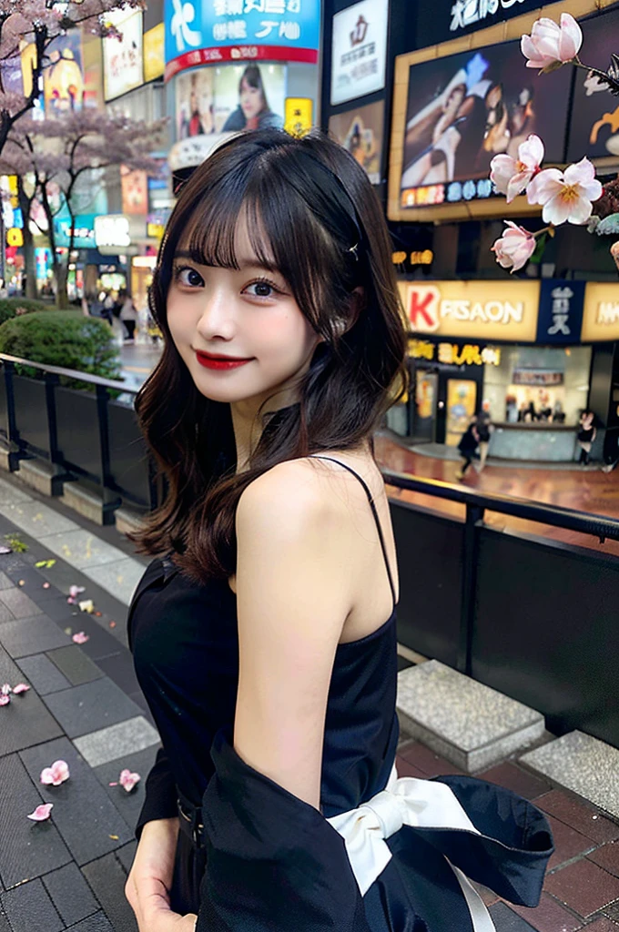(top-quality、8K、32k、masuter piece、nffsw:1.2)、profile、(slim figure:1.2)、(s lips) 、18year old、kawaii pose、Incredibly ridiculous、(Shinjuku Kabukicho:1.3)、Colossal tits、double eyelid、shinny skin、Realistic rays、pool、beauitful face、(A smile:1.3)、crouching down、(From above:1.2)、(a closeup:1.4)、blurry backround、(Front Focus)、(dark: 1.6)、Fantasy Art、photoRealstic、Professional Lighting、extra detailed face、Award-winning、deep-shadows、A path lined with flourishing cherry blossom trees