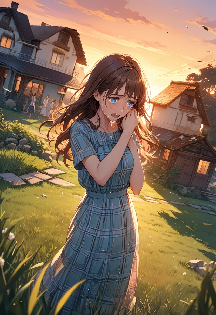 detailed illustration ,dynamic angle, ultra-detailed, detailed eyes, detailed face, grass, house, standing in yard, [wife, woman, long brown hair, happy, long plaid dress, blue eyes, sad, tears, crying, worried, broken, weeping, sobbing, wet eyes, sunset]