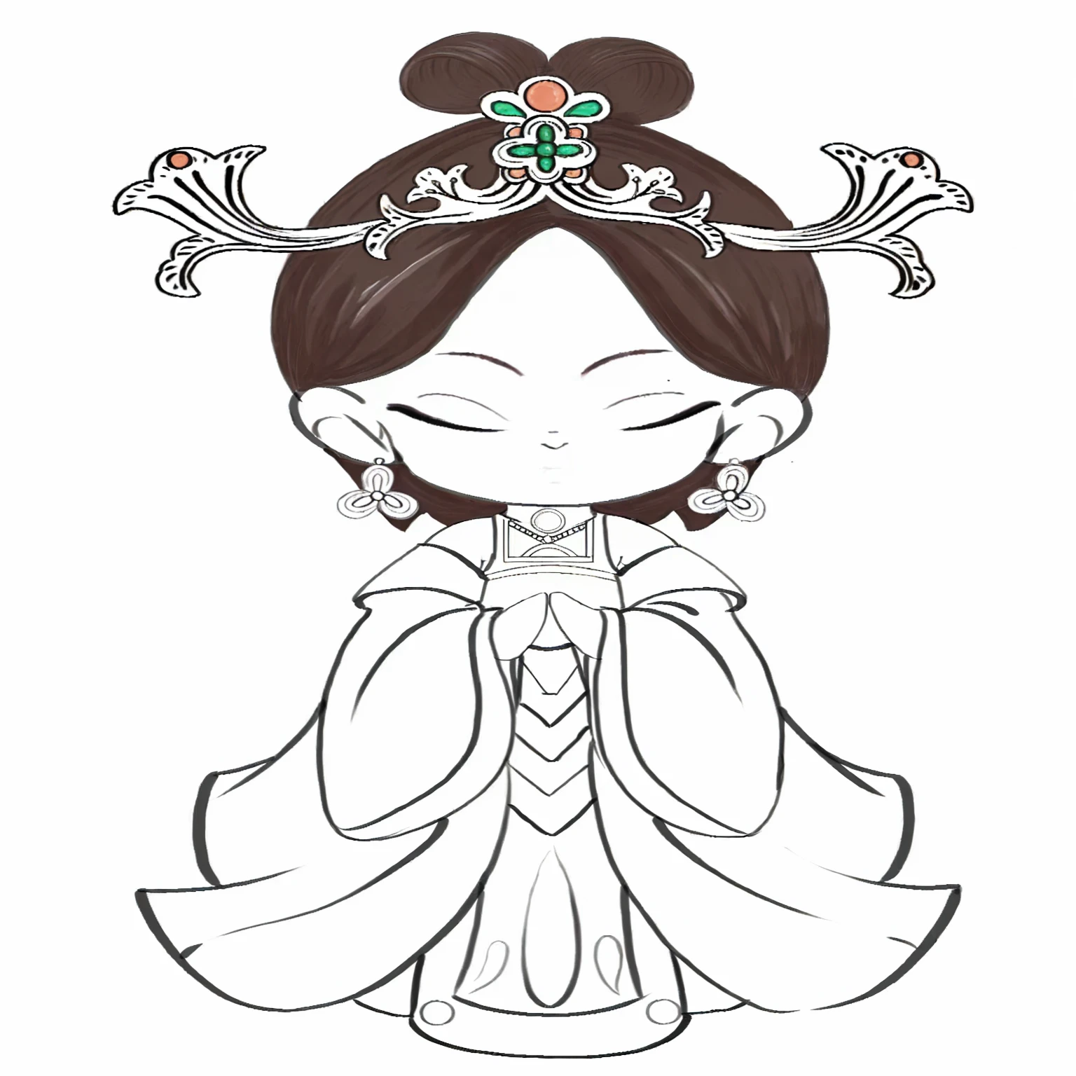 A woman in a Chinese dress、Drawing of a woman suffering from tia, palace ， Girl wearing Hanfu, Chinese Princess, Chinese Queen, ancient Chinese Princess, Asian Dynasty Princess, Beautiful fantasy queen, Inspired by Tawaraya Sotatsu, Inspired by trees, Inspired by Lan Ying, Inspired by Qiu Ying, Inspired by Lv Ji&#39;s coloring and three-dimensional coloring IP