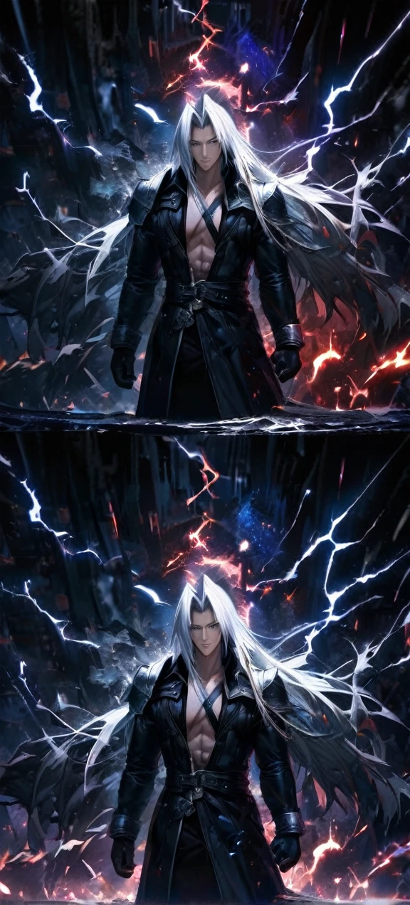 Symetrical,absurdres, highres, ultra detailed, HDR, masterpiece, extremely detailed face and eyes, sephiroth,final fantasy 7,long white hair , , solo, man, handsome, ,, , Epic fight scene,black lightning effect, glowing glitters, ,black flames effect, black aura effect, black splashing, surrounded by dark energy