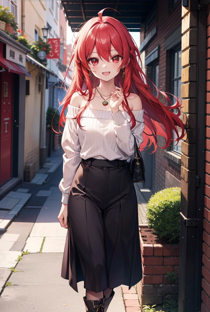 Shana,灼眼のShana,Long Hair, Redhead, Red eyes,Ahoge,happy smile, smile, Open your mouth,Oversized off-the-shoulder sweater,Bare shoulders,bare clavicle,Bare neck,Locket Necklace,black long skirt,short boots,Daytime,sunny,Walking,whole bodyがイラストに入るように, break outdoors, Building district, break looking at viewer, whole body, break (masterpiece:1.2), Highest quality, High resolution, unity 8k wallpaper, (shape:0.8), (Beautiful attention to detail:1.6), Highly detailed face, Perfect lighting, Highly detailed CG, (Perfect hands, Perfect Anatomy),