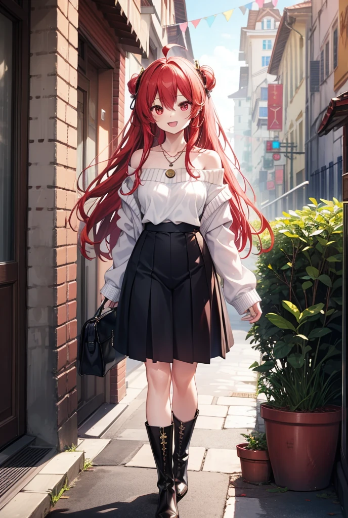 Shana,灼眼のShana,Long Hair, Redhead, Red eyes,Ahoge,happy smile, smile, Open your mouth,Oversized off-the-shoulder sweater,Bare shoulders,bare clavicle,Bare neck,Locket Necklace,black long skirt,short boots,Daytime,sunny,Walking,whole bodyがイラストに入るように, break outdoors, Building district, break looking at viewer, whole body, break (masterpiece:1.2), Highest quality, High resolution, unity 8k wallpaper, (shape:0.8), (Beautiful attention to detail:1.6), Highly detailed face, Perfect lighting, Highly detailed CG, (Perfect hands, Perfect Anatomy),