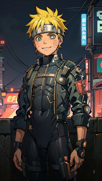 (8k),(masterpiece),(Japanese),(-yeld bo((innocent look)),((Childish)),From the front,smile,cute,Innocent,Kind eyes,Flat chest, Uzumaki Naruto wearing Cyberpunk Bodysuit,Short,Hair blowing in the wind,Yellow Hair,Strong wind,night,dark, Neon light cyberpunk Konoha village