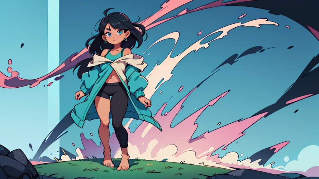 ultra high quality solo, a woman with a heart shaped face, blue eyes, pretty eyeshadow, shoulder length blue black hair, slightly tan skin tone, wearing a pastel green hoodie and black leggings, bare feet standing