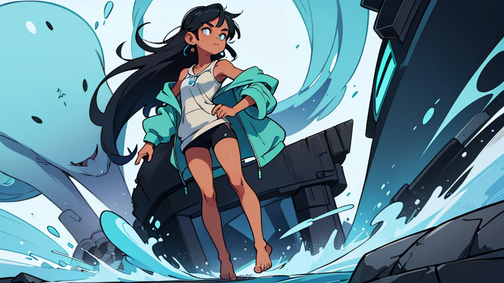 ultra high quality solo, a woman with a heart shaped face, blue eyes, pretty eyeshadow, shoulder length blue black hair, slightly tan skin tone, wearing a pastel green hoodie and black leggings, bare feet standing