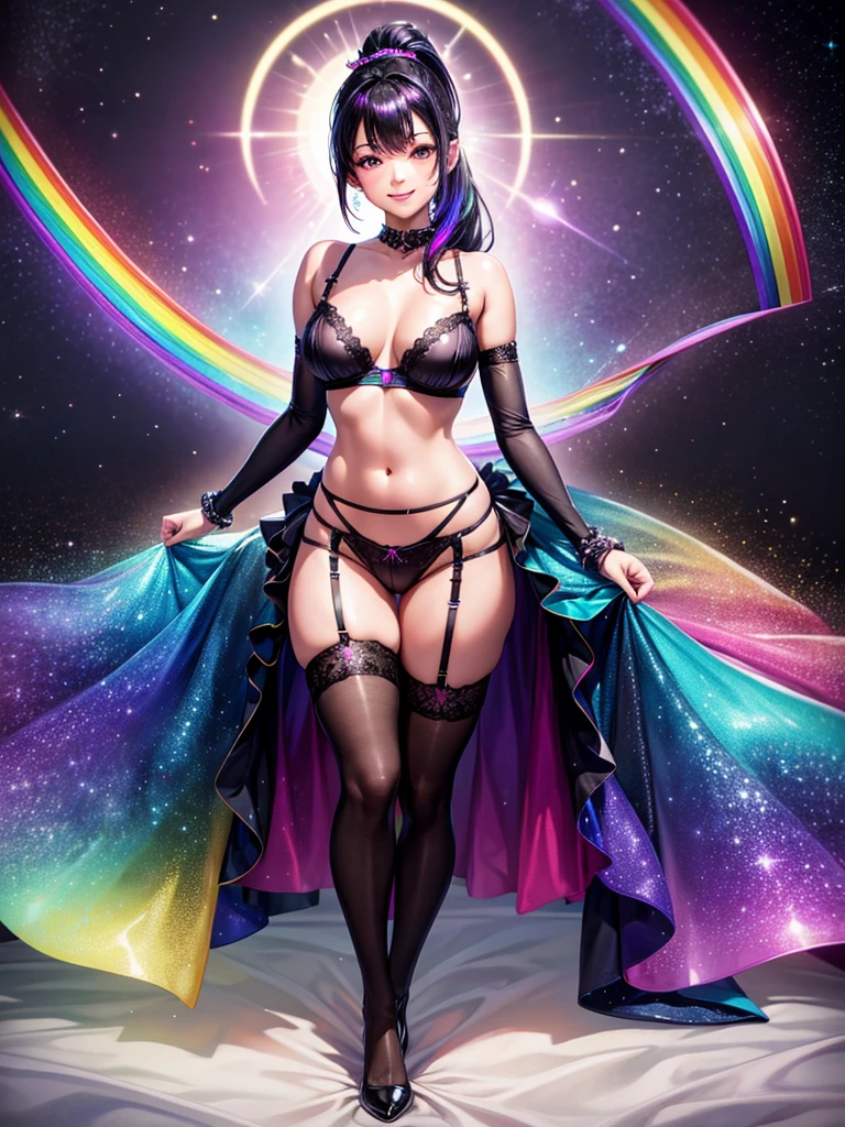 Highest quality,Highest Resolution,4K quality,Smiling beautiful girl,Full body close-up,Stardust Eye,Black hair ponytail,,Iridescent Bra,Iridescent underwear,High leg,Rainbow garter belt,Rainbow colored knee-high stockings,Dark bedroom at night,Purple bedding,Iridescent underwear,Standing posture,