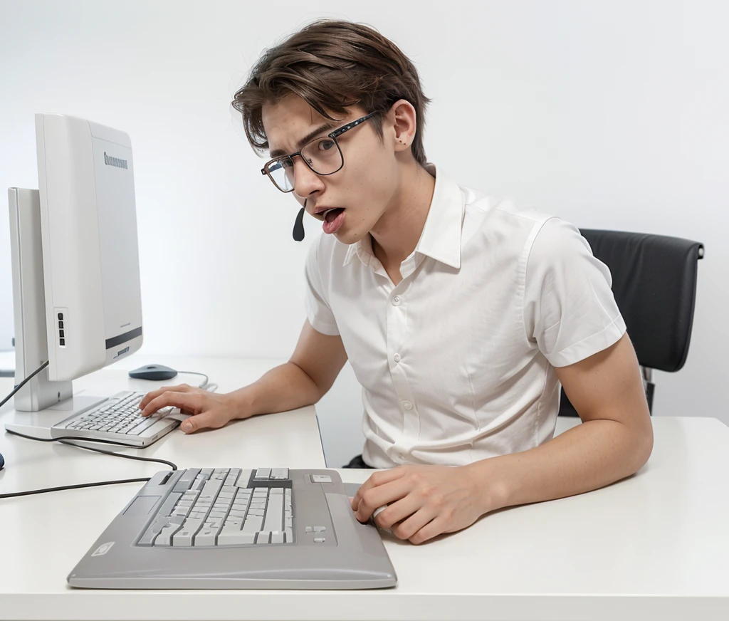 19 year old skinny boy wearing glasses sitting at an office desk using a computer keyboard and white mouse ,with worried face (distressed expression,add it,with his mouth open looking at the computer monitor wearing a nerdy short-sleeved formal shirt