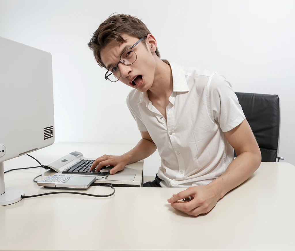 19 year old skinny boy wearing glasses sitting at an office desk using a computer keyboard and white mouse ,with worried face (distressed expression,add it,with his mouth open looking at the computer monitor wearing a nerdy short-sleeved formal shirt