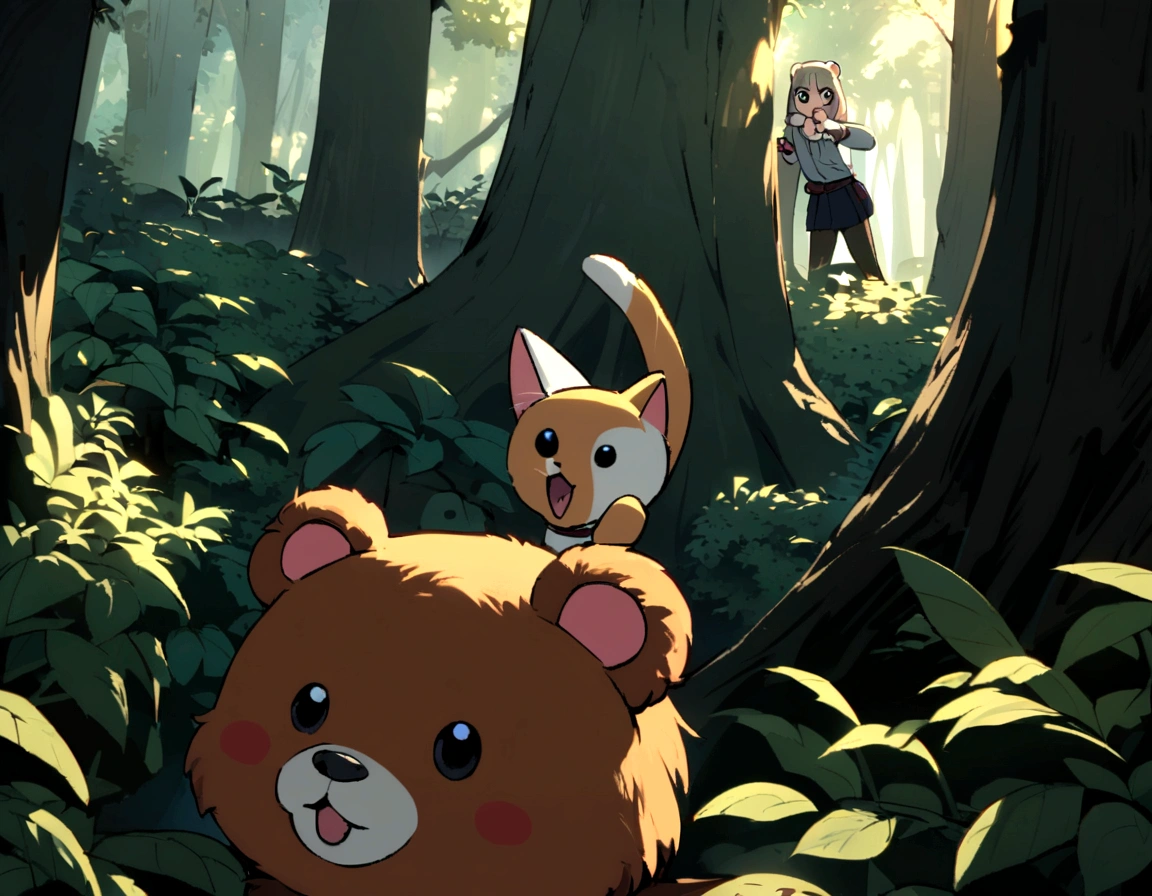 Describe a scene where a cat is taking a selfie with one paw raised in a dense forest. Behind one of the trees, a bear is partially hidden, watching curious.