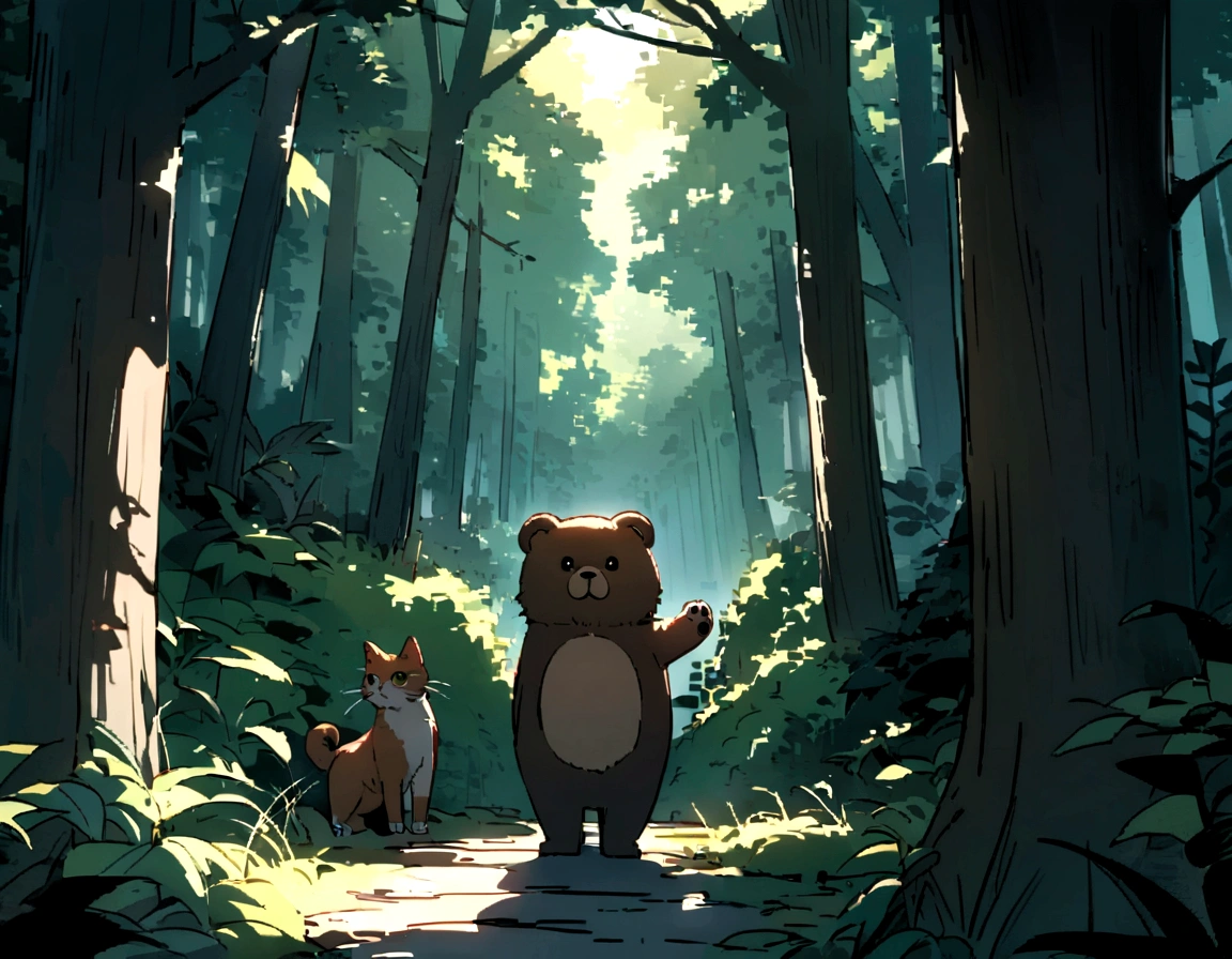Describe a scene where a cat is taking a selfie with one paw raised in a dense forest. Behind one of the trees, a bear is partially hidden, watching curious.