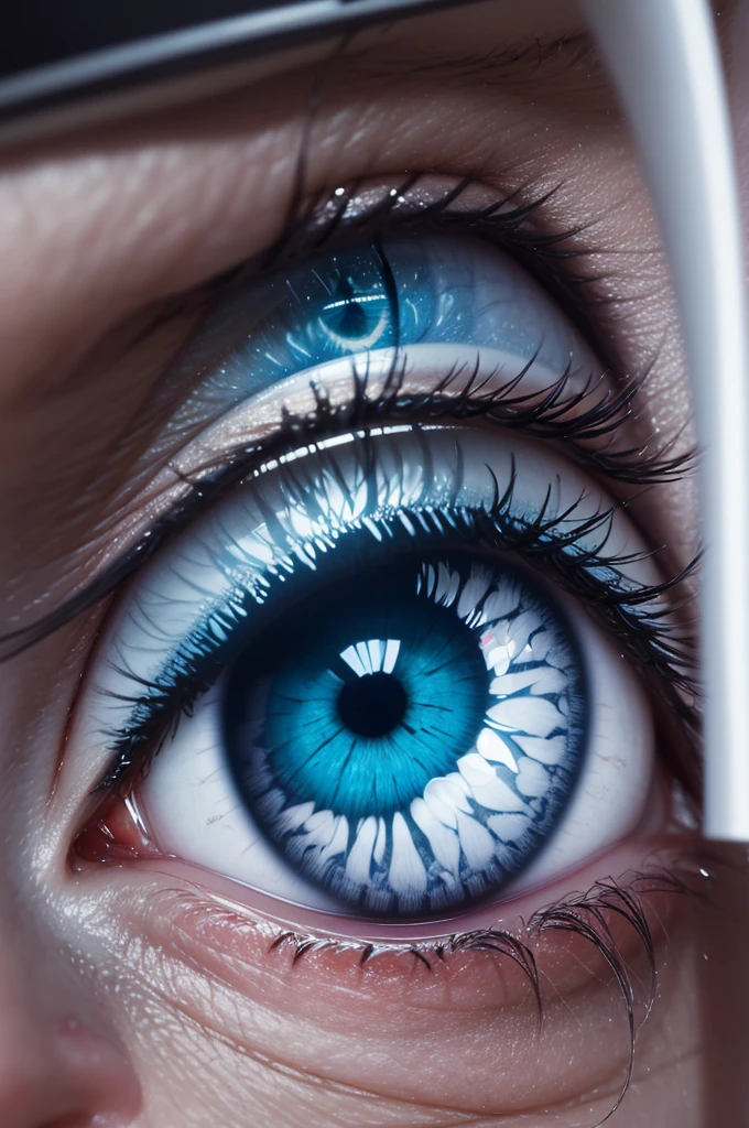 Create an image showing where the cornea is, the crystalline, and iris, the pupil, a retina, to fovea, the optic nerves and visual cortex of the eye with arrows indicating