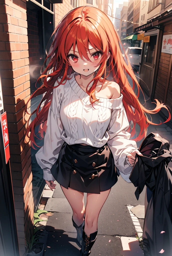 Shana,灼眼のShana,Long Hair, Redhead, Red eyes,Ahoge,happy smile, smile, Open your mouth,Oversized red one-shoulder sweater,black long skirt,short boots,Daytime,sunny,Walking,whole bodyがイラストに入るように, break outdoors, Building district, break looking at viewer, whole body, break (masterpiece:1.2), Highest quality, High resolution, unity 8k wallpaper, (shape:0.8), (Beautiful attention to detail:1.6), Highly detailed face, Perfect lighting, Highly detailed CG, (Perfect hands, Perfect Anatomy),