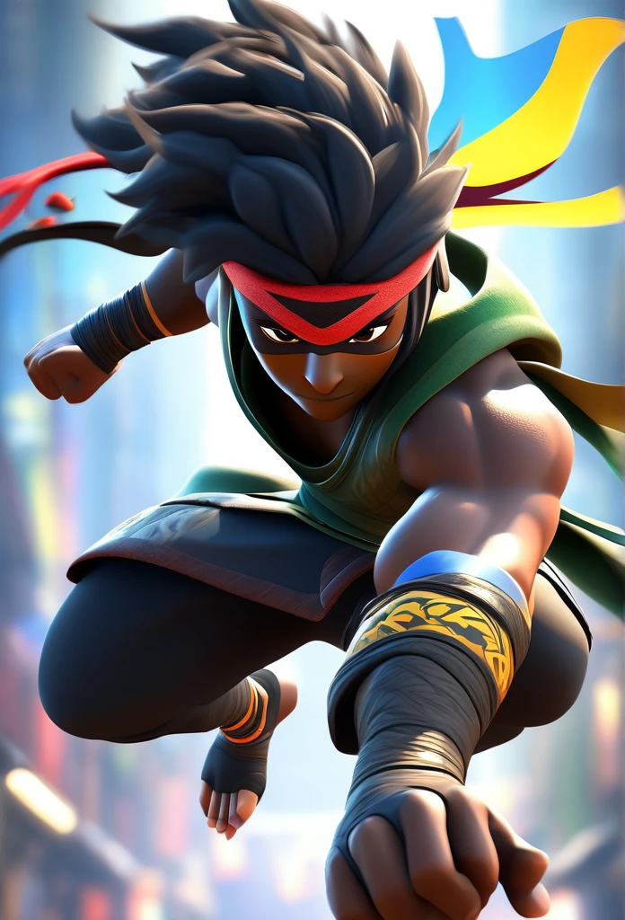 A captivating 3D rendering of a small, black Brazilian male character dressed like a ninja shows impressive agility and strength. The character performs dynamic attack poses, exuding confidence and determination. The ninja mask, highlighted by a vibrant Brazilian flag, symbolizes national pride and identity. The dark and enigmatic background accentuates the character's exceptional abilities, making him the center of attention. This mesmerizing avatar design is perfect for a profile photo in the Legends mobile game, combining illustration and 3D rendering to create a truly immersive experience., 3D Rendering, Illustration, illustration, 3d render