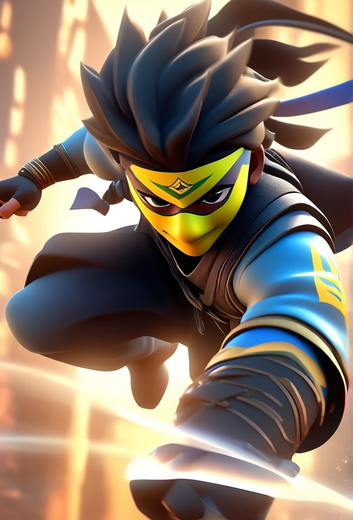 A captivating 3D rendering of a small, black Brazilian male character dressed like a ninja shows impressive agility and strength. The character performs dynamic attack poses, exuding confidence and determination. The ninja mask, highlighted by a vibrant Brazilian flag, symbolizes national pride and identity. The dark and enigmatic background accentuates the character's exceptional abilities, making him the center of attention. This mesmerizing avatar design is perfect for a profile photo in the Legends mobile game, combining illustration and 3D rendering to create a truly immersive experience., 3D Rendering, Illustration, illustration, 3d render