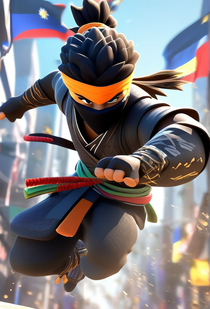 A captivating 3D rendering of a small, black Brazilian male character dressed like a ninja shows impressive agility and strength. The character performs dynamic attack poses, exuding confidence and determination. The ninja mask, highlighted by a vibrant Brazilian flag, symbolizes national pride and identity. The dark and enigmatic background accentuates the character's exceptional abilities, making him the center of attention. This mesmerizing avatar design is perfect for a profile photo in the Legends mobile game, combining illustration and 3D rendering to create a truly immersive experience., 3D Rendering, Illustration, illustration, 3d render