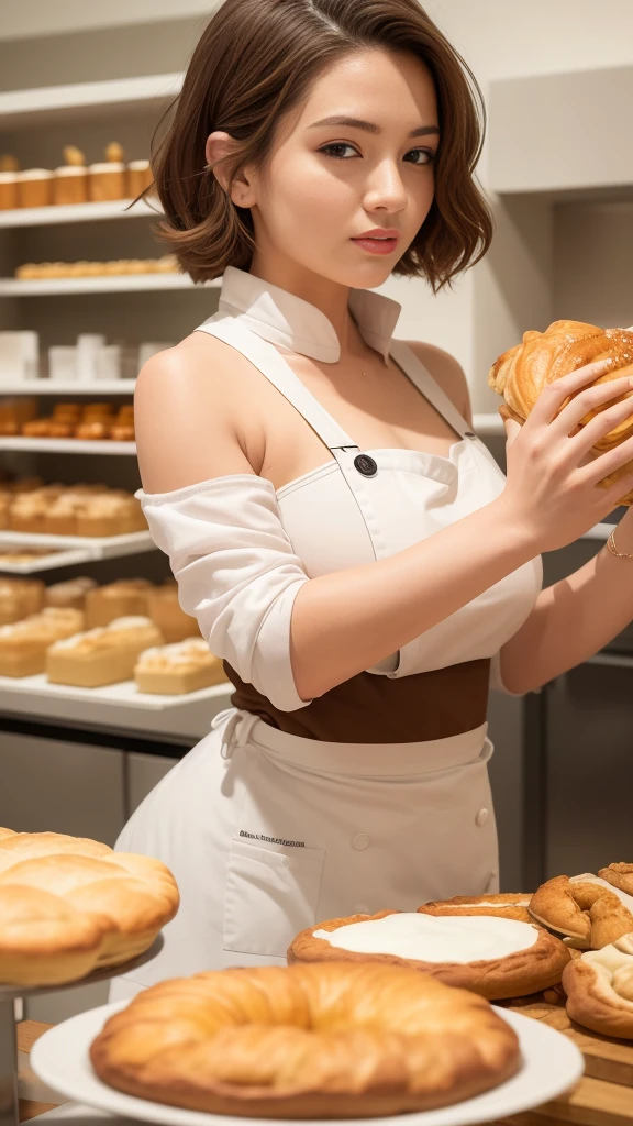 (((Ultra detailed, beautiful face, Megapixel)))
A talented and passionate pastry chef with ((shoulder-length, caramel-brown hair)) that exudes warmth and creativity. Her eyes, a vibrant and playful shade of ((honey-gold)), mirror her enthusiasm for all things pastry-related. With a flair for the artistic, she wears a pristine white chef's coat adorned with colorful pastry-themed patches, reflecting her dedication to her craft. Her hands, covered in flour and dough, move with finesse and precision as she expertly shapes and molds delectable pastries. In the background, a bustling and aromatic bakery showcases her culinary domain, filled with the delightful aroma of freshly baked pastries. She stands confidently in front of a display filled with an array of beautifully crafted sweet treats, ready to share her passion and talent with eager customers.
