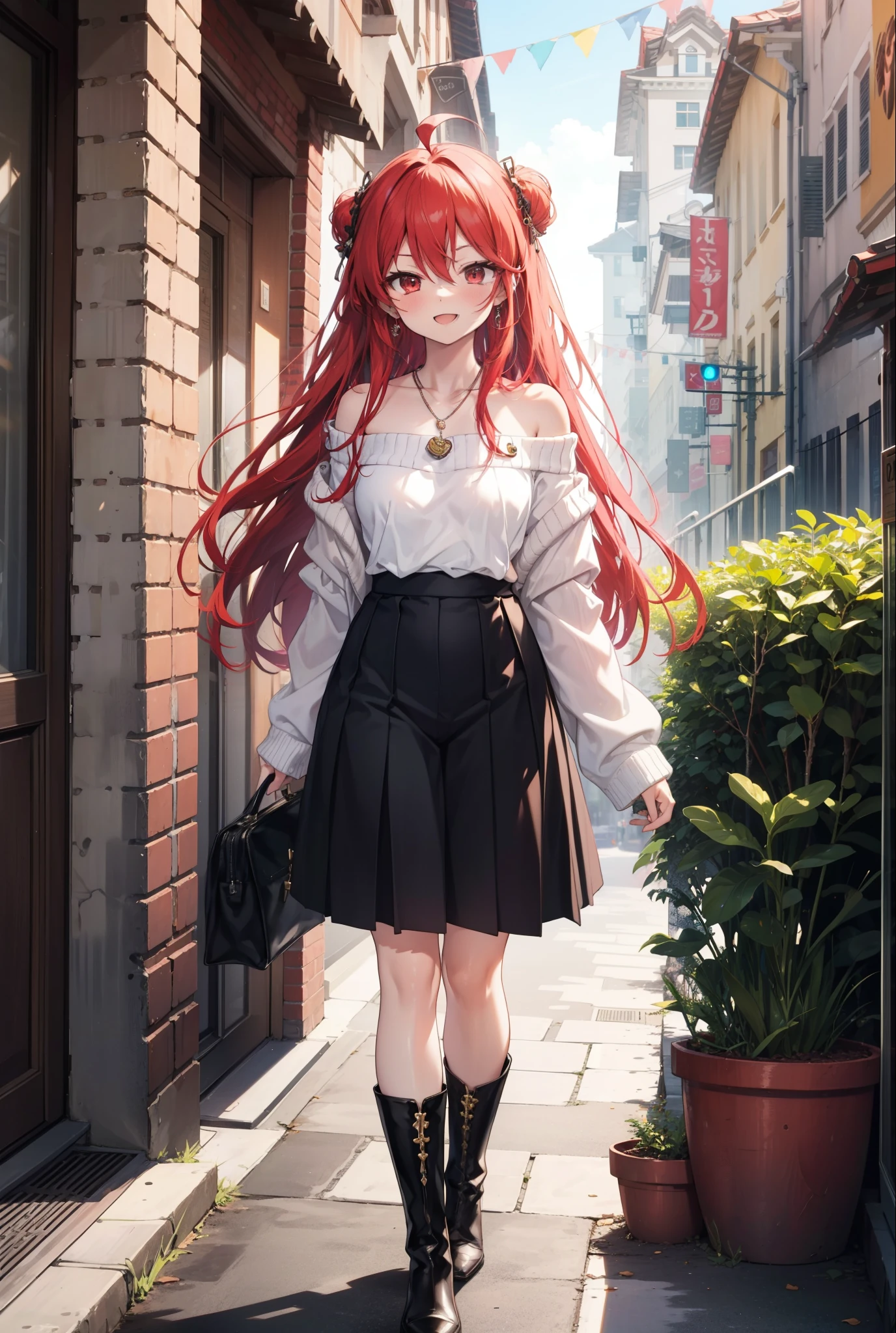 Shana,灼眼のShana,Long Hair, Redhead, Red eyes,Ahoge,happy smile, smile, Open your mouth,Oversized off-the-shoulder sweater,Bare shoulders,bare clavicle,Bare neck,Locket Necklace,black long skirt,short boots,Daytime,sunny,Walking,whole bodyがイラストに入るように, break outdoors, Building district, break looking at viewer, whole body, break (masterpiece:1.2), Highest quality, High resolution, unity 8k wallpaper, (shape:0.8), (Beautiful attention to detail:1.6), Highly detailed face, Perfect lighting, Highly detailed CG, (Perfect hands, Perfect Anatomy),