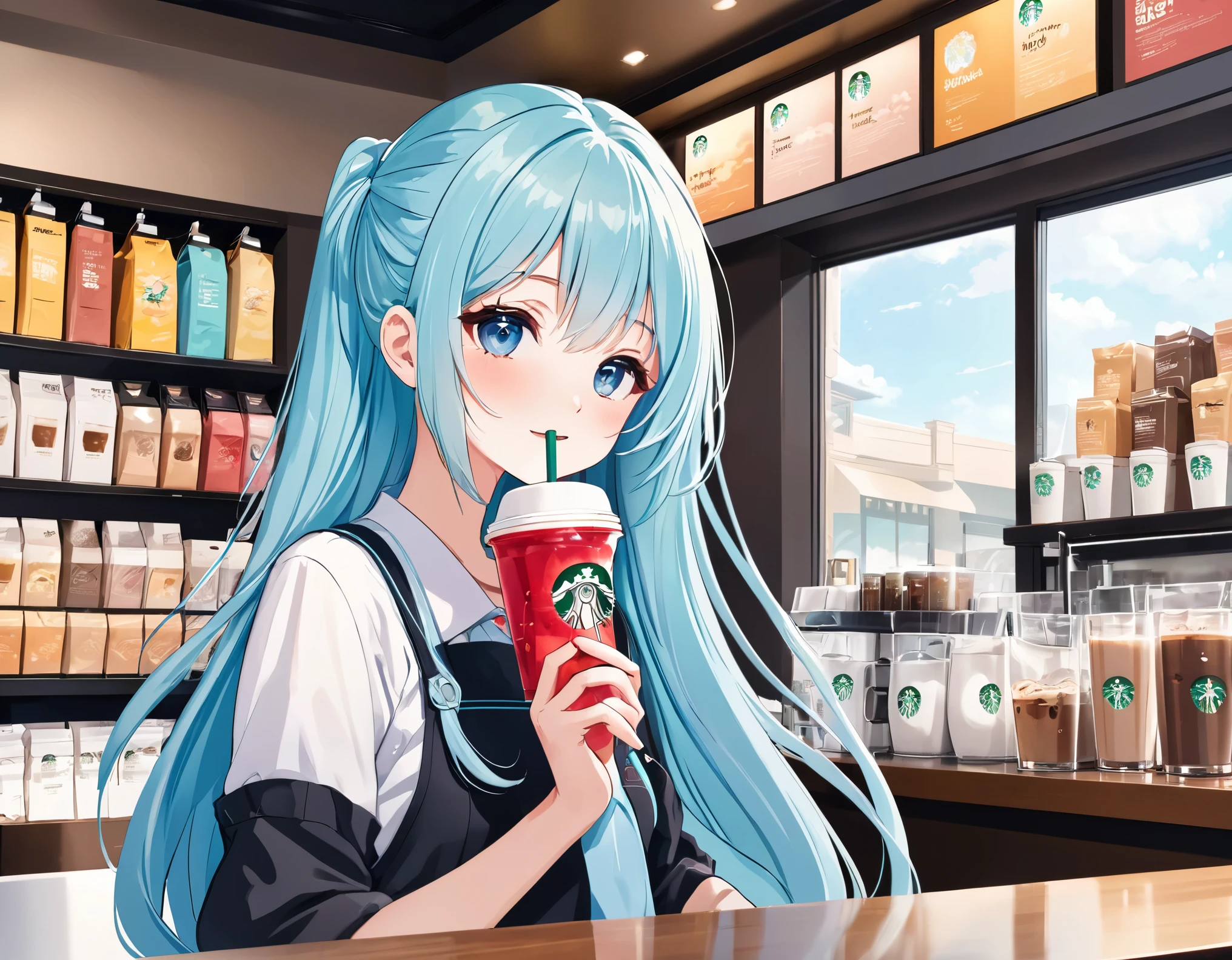 Anime Girls drinking starbucks coffee with a straw in her hand, Inside the Starbucks store、Light blue long hair、ツインテールのAnime Girls cute Anime Girls, Beautiful anime school girl, (Anime Girls), Cute girl anime visuals, Mysterious Coffee Shop Girl, young Anime Girls, Beautiful anime art style, Anime illustration, beautiful Anime Girls, Drink strawberry iced latte