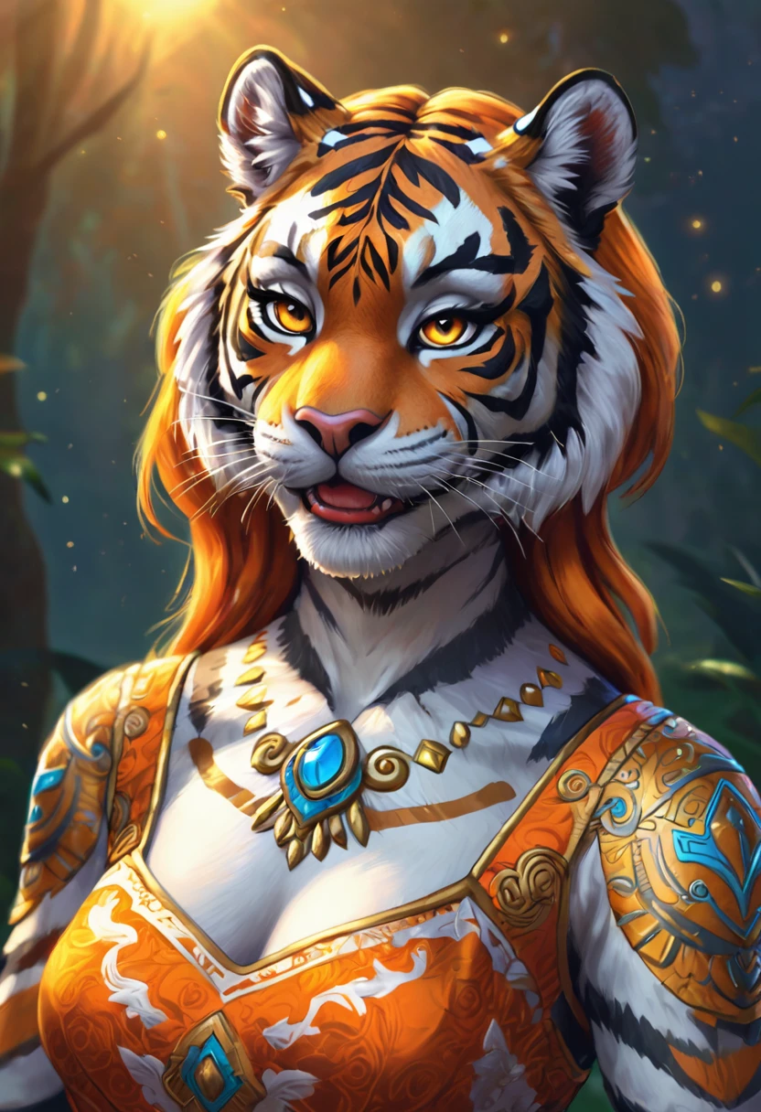 Create an realistic illustrated, hand-drawn, full-color image of an anthropomorphic tiger women. The artwork should be rendered in the style of "Breath of the Wild," featuring warm lighting and shadows. Include graphite shading, stencil marks, and airbrushed acrylic paint effects. dress. Long orange hair. The image should be of the highest quality, a masterpiece with intricate details. The tiger women should have a female, humanoid, appearance. She should have luscious lips, a wide smile, and bright, expressive eyes, exuding beauty, cuteness, and adorableness. Ensure the image is high resolution and sharply detailed, with a detailed and vibrant background. Incorporate mystical lighting in the background, creating a romantic and enchanting atmosphere.