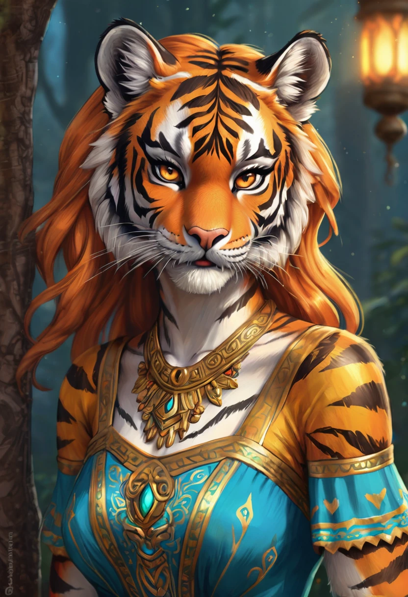 Create an realistic illustrated, hand-drawn, full-color image of an anthropomorphic tiger women. The artwork should be rendered in the style of "Breath of the Wild," featuring warm lighting and shadows. Include graphite shading, stencil marks, and airbrushed acrylic paint effects. dress.  Long orange hair. The image should be of the highest quality, a masterpiece with intricate details. The tiger women should have a female, humanoid, appearance. She should have luscious lips, a wide smile, and bright, expressive eyes, exuding beauty, cuteness, and adorableness. Ensure the image is high resolution and sharply detailed, with a detailed and vibrant background. Incorporate mystical lighting in the background, creating a romantic and enchanting atmosphere.
