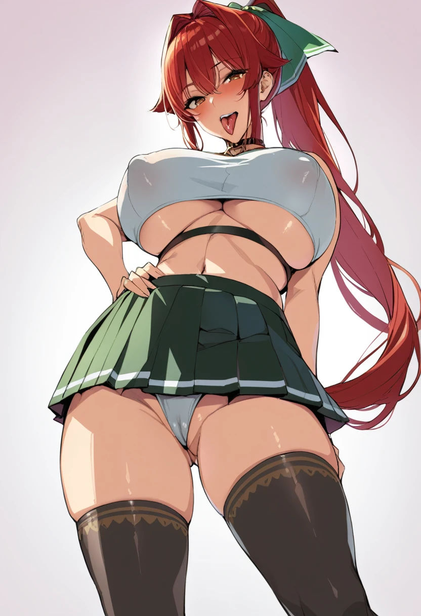 masterpiece, best quality, 1girl, breasts, thighhighs, solo, skirt, tongue, tongue out, red hair, navel, long hair, choker, blush, black thighhighs, covered nipples, ponytail, looking at viewer, brown eyes, underboob, hand on hip, heart choker, white background, pleated skirt, smile, large breasts, midriff, simple background, ass visible through thighs, , open mouth, hair ribbon, huge breasts, ribbon, crop top
