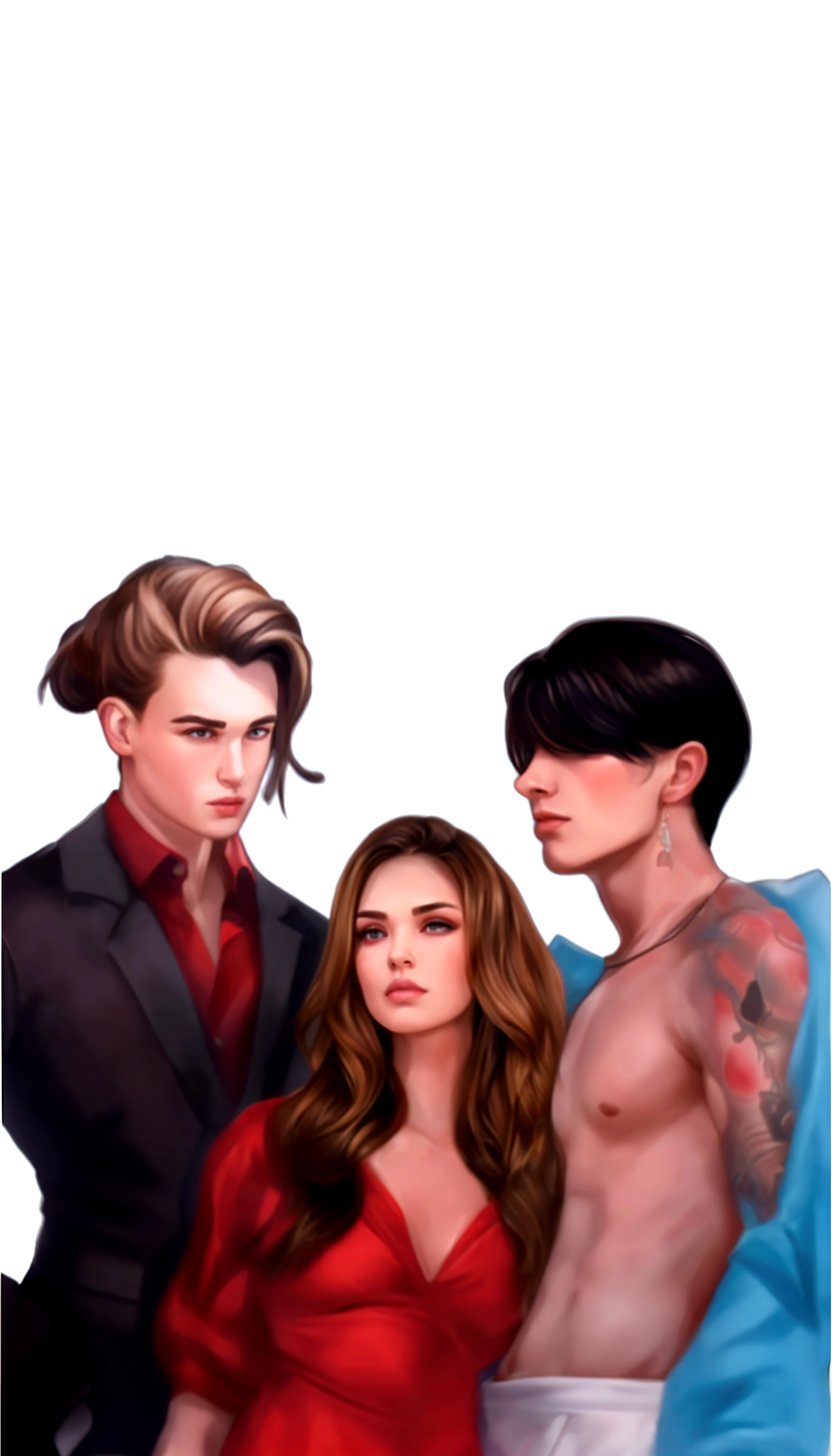 I replaced the background of the image with a darker background and leaves the characters more beautiful and realistic leaves the hair of the characters similar to the original image puts a wad of money the hand of the man with the black hair.
