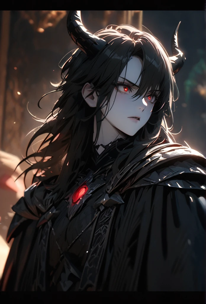 (solo), Demon lord, masculine, black hair, messy hair, mane hair, medium hair, A man bun with long hair, dense hair, wild hair, expressive hair, mature,(25 year old), pale skin, red eyes, ((man)), wearing a black robe, black armor, black demon horns,, serious, handsome, attractive, eye reflection, depth of field, thunder aura,cinematic lighting, ray tracing, depth of field, cinematic lighting, ray tracing, UHD, high details, best quality, highres, high quality, award winning, super detail, masterpiece, 8k, UHD, high details, best quality, highres, high quality, award winning, super detail, masterpiece, 8k, digital art, anime coloring, full body, body shot, good face, perfect face, detailed face, good eyes, sitting on a throne