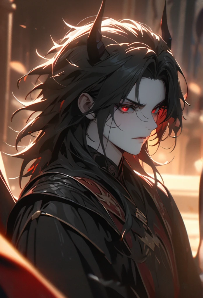 (solo), Demon lord, masculine, black hair, messy hair, mane hair, medium hair, A man bun with long hair, dense hair, wild hair, expressive hair, mature,(25 year old), pale skin, red eyes, ((man)), wearing a black robe, black armor, black demon horns,, serious, handsome, attractive, eye reflection, depth of field, thunder aura,cinematic lighting, ray tracing, depth of field, cinematic lighting, ray tracing, UHD, high details, best quality, highres, high quality, award winning, super detail, masterpiece, 8k, UHD, high details, best quality, highres, high quality, award winning, super detail, masterpiece, 8k, digital art, anime coloring, full body, body shot, good face, perfect face, detailed face, good eyes, sitting on a throne