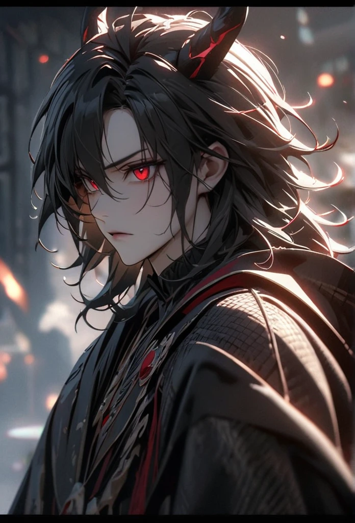 (solo), Demon lord, masculine, black hair, messy hair, mane hair, medium hair, A man bun with long hair, dense hair, wild hair, expressive hair, mature,(25 year old), pale skin, red eyes, ((man)), wearing a black robe, black armor, black demon horns,, serious, handsome, attractive, eye reflection, depth of field, thunder aura,cinematic lighting, ray tracing, depth of field, cinematic lighting, ray tracing, UHD, high details, best quality, highres, high quality, award winning, super detail, masterpiece, 8k, UHD, high details, best quality, highres, high quality, award winning, super detail, masterpiece, 8k, digital art, anime coloring, full body, body shot, good face, perfect face, detailed face, good eyes, sitting on a throne