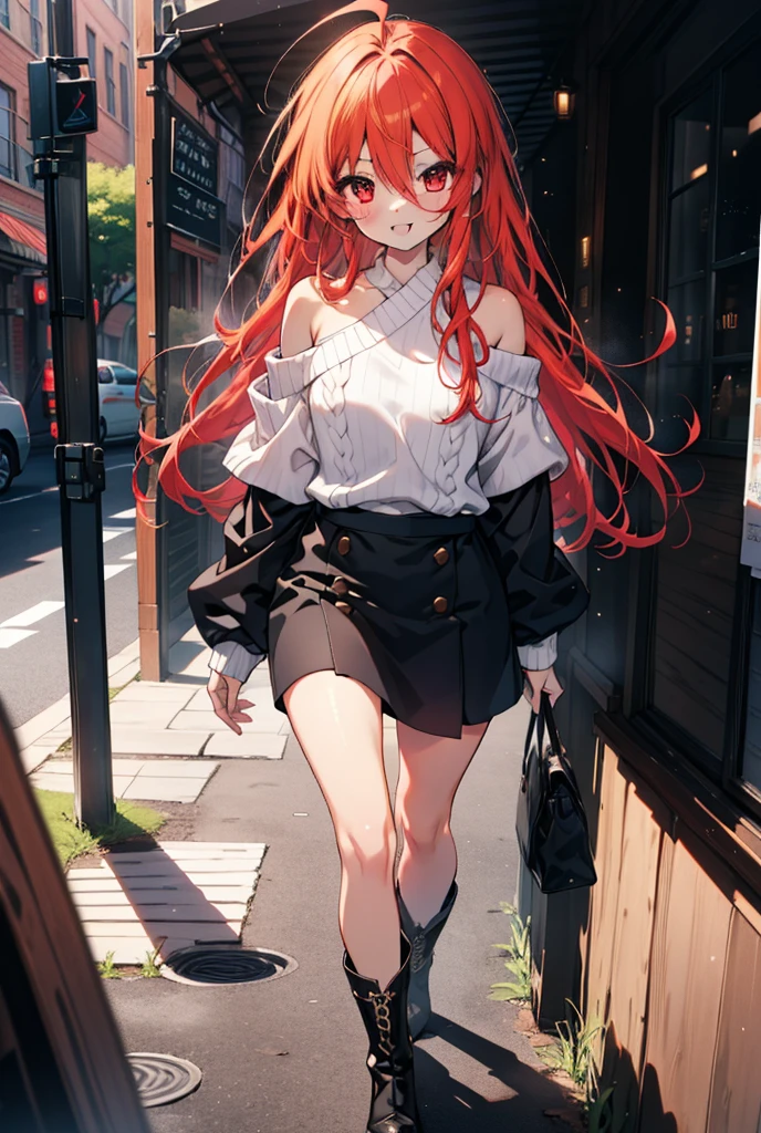 Shana,灼眼のShana,Long Hair, Redhead, Red eyes,Ahoge,happy smile, smile, Open your mouth,Oversized red one-shoulder sweater,black long skirt,short boots,Daytime,sunny,Walking,whole bodyがイラストに入るように, break outdoors, Building district, break looking at viewer, whole body, break (masterpiece:1.2), Highest quality, High resolution, unity 8k wallpaper, (shape:0.8), (Beautiful attention to detail:1.6), Highly detailed face, Perfect lighting, Highly detailed CG, (Perfect hands, Perfect Anatomy),