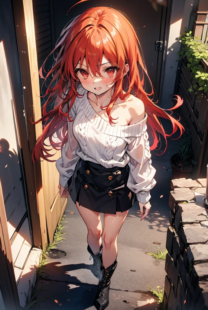 Shana,灼眼のShana,Long Hair, Redhead, Red eyes,Ahoge,happy smile, smile, Open your mouth,Oversized red one-shoulder sweater,black long skirt,short boots,Daytime,sunny,Walking,whole bodyがイラストに入るように, break outdoors, Building district, break looking at viewer, whole body, break (masterpiece:1.2), Highest quality, High resolution, unity 8k wallpaper, (shape:0.8), (Beautiful attention to detail:1.6), Highly detailed face, Perfect lighting, Highly detailed CG, (Perfect hands, Perfect Anatomy),
