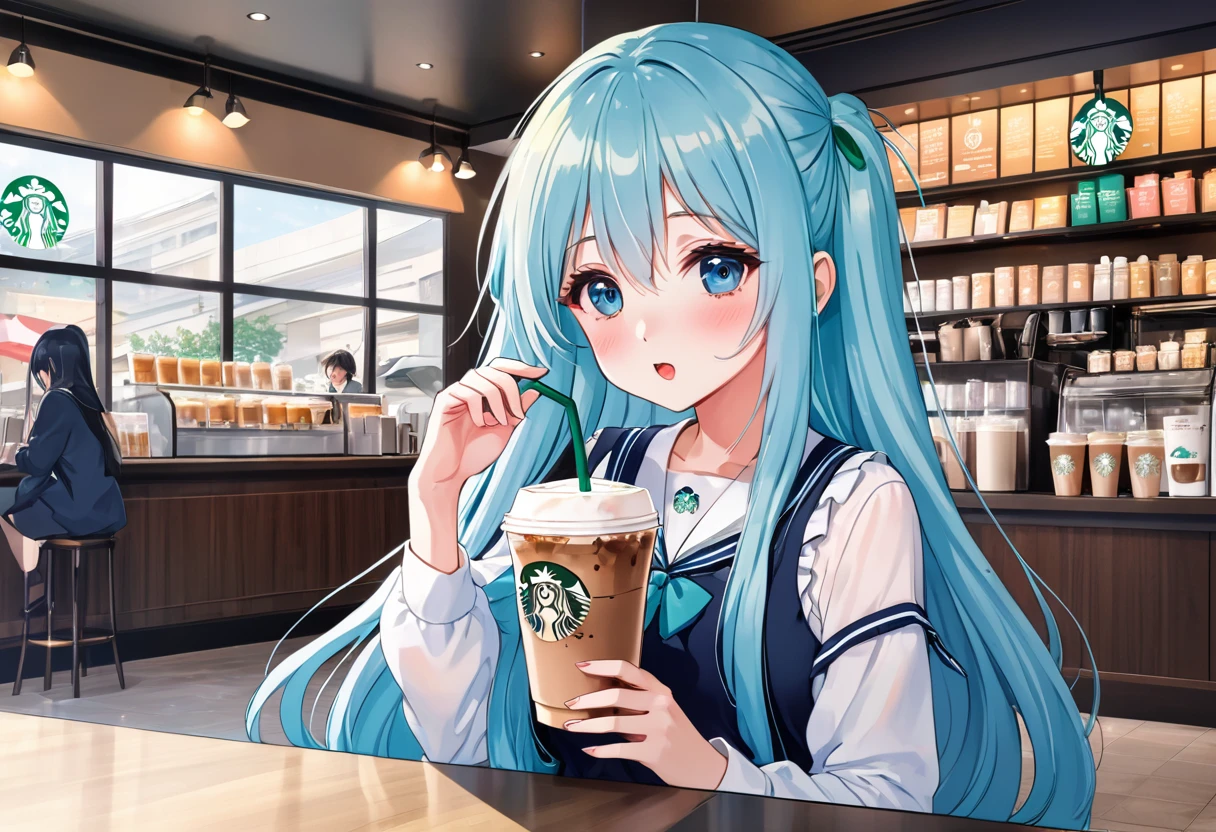 Anime Girls drinking starbucks coffee with a straw in her hand, Inside the Starbucks store、Light blue long hair、ツインテールのAnime Girls cute Anime Girls, Beautiful anime school girl, (Anime Girls), Cute girl anime visuals, Mysterious Coffee Shop Girl, young Anime Girls, Beautiful anime art style, Anime illustration, beautiful Anime Girls, Drink strawberry iced latte