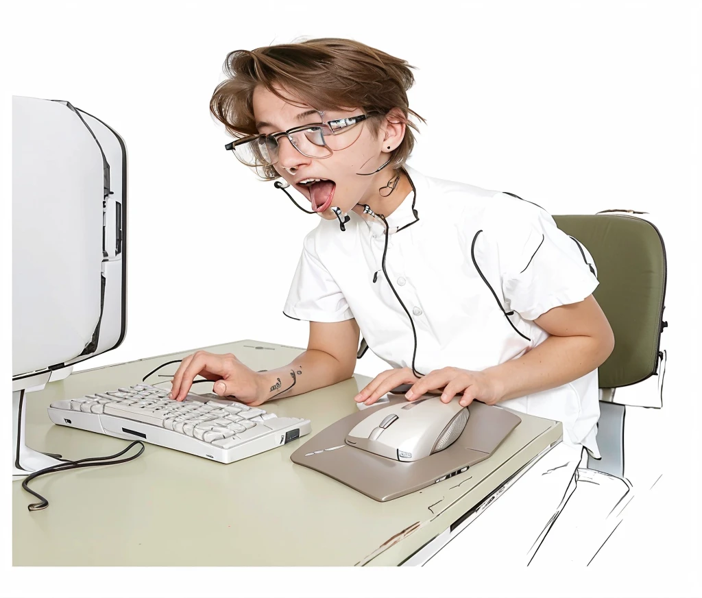 19 year old skinny boy wearing glasses sitting at an office desk using a computer keyboard and white mouse ,with worried face (distressed expression,add it,with his mouth open looking at the computer monitor wearing a nerdy short-sleeved formal shirt