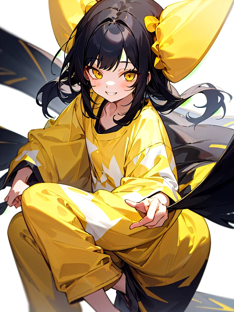 (masterpiece, best quality),1girl, black hair, yellow eyes, black pijama, smiled, 18 years old, white background,