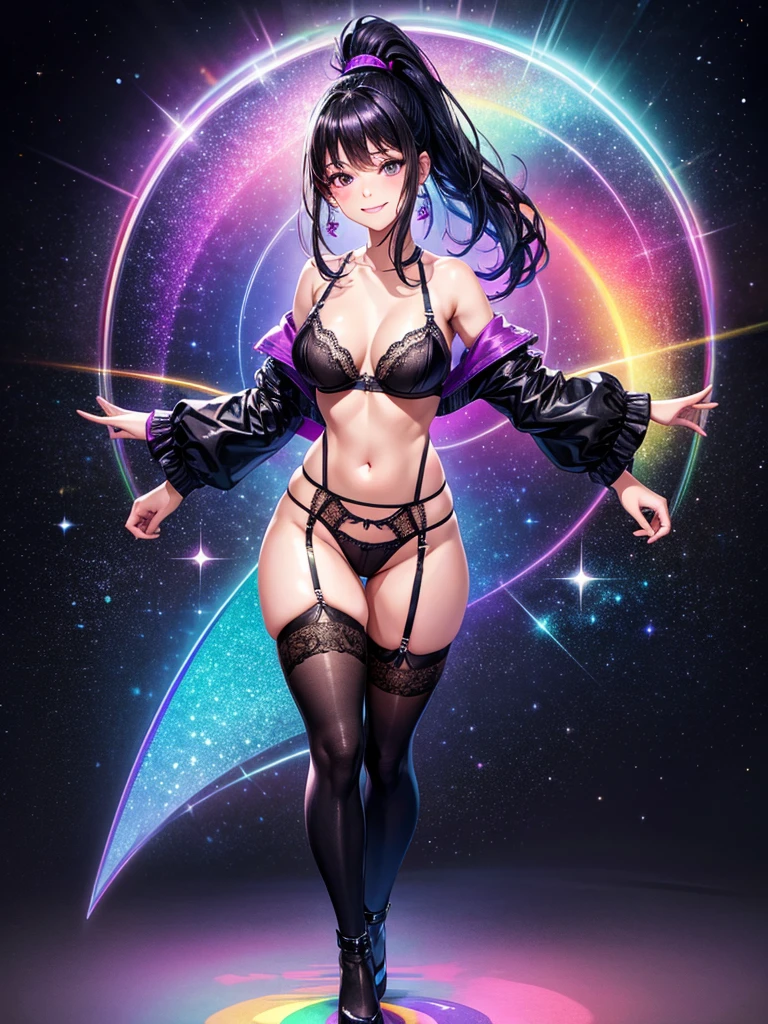 Highest quality,Highest Resolution,４K quality,Smiling beautiful girl,Full body close-up,Stardust Eye,Black hair ponytail,,Iridescent Bra,Iridescent underwear,High leg,Rainbow garter belt,Rainbow colored knee-high stockings,Dark bedroom at night,Purple bedding,Iridescent underwear,Standing posture,