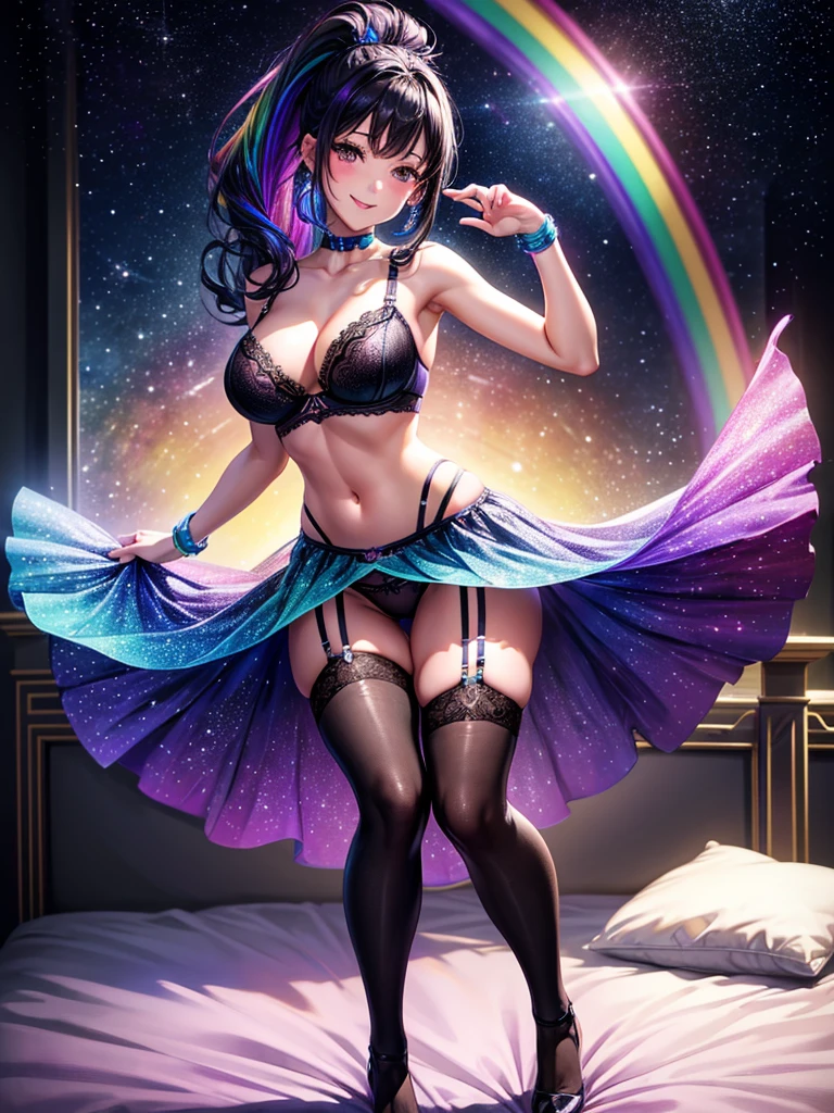 Highest quality,Highest Resolution,４K quality,Smiling beautiful girl,Full body close-up,Stardust Eye,Black hair ponytail,,Iridescent Bra,Iridescent underwear,High leg,Rainbow garter belt,Rainbow colored knee-high stockings,Dark bedroom at night,Purple bedding,Iridescent underwear,Standing posture,