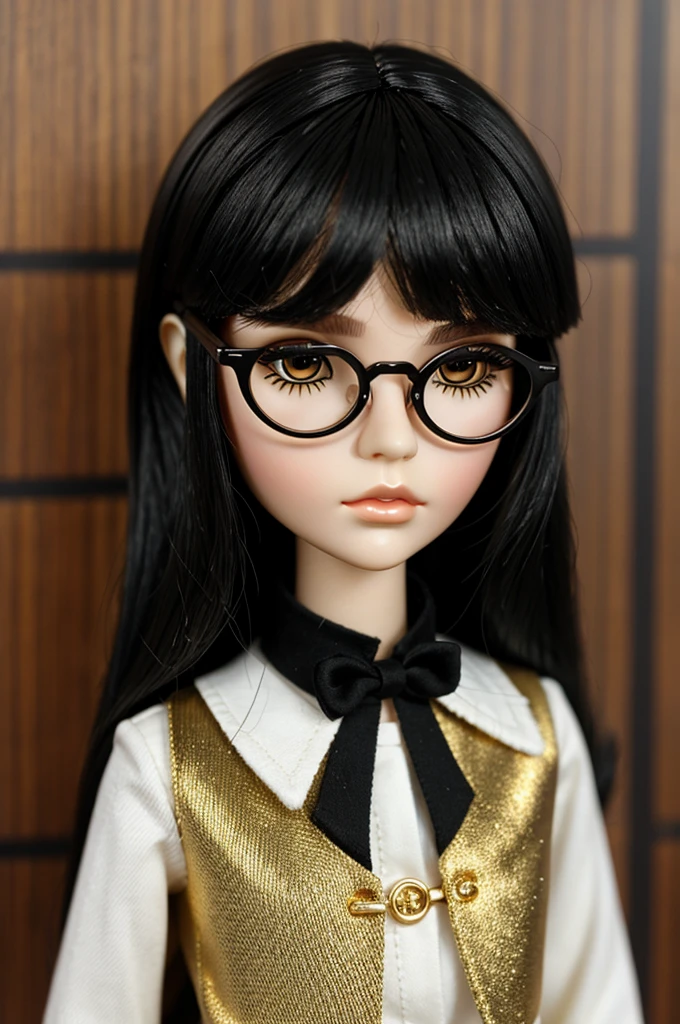 Blythe doll with short Mullet black hair, round gold glasses, black eyes
