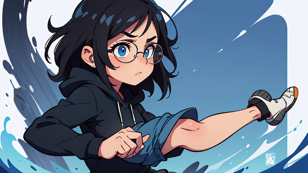 ultra high quality, solo, a woman with a round face, blue eyes, wearing big black glasses, slightly choppy medium length hair, wearing a long black hoodie and jeans, sneakers on her feet