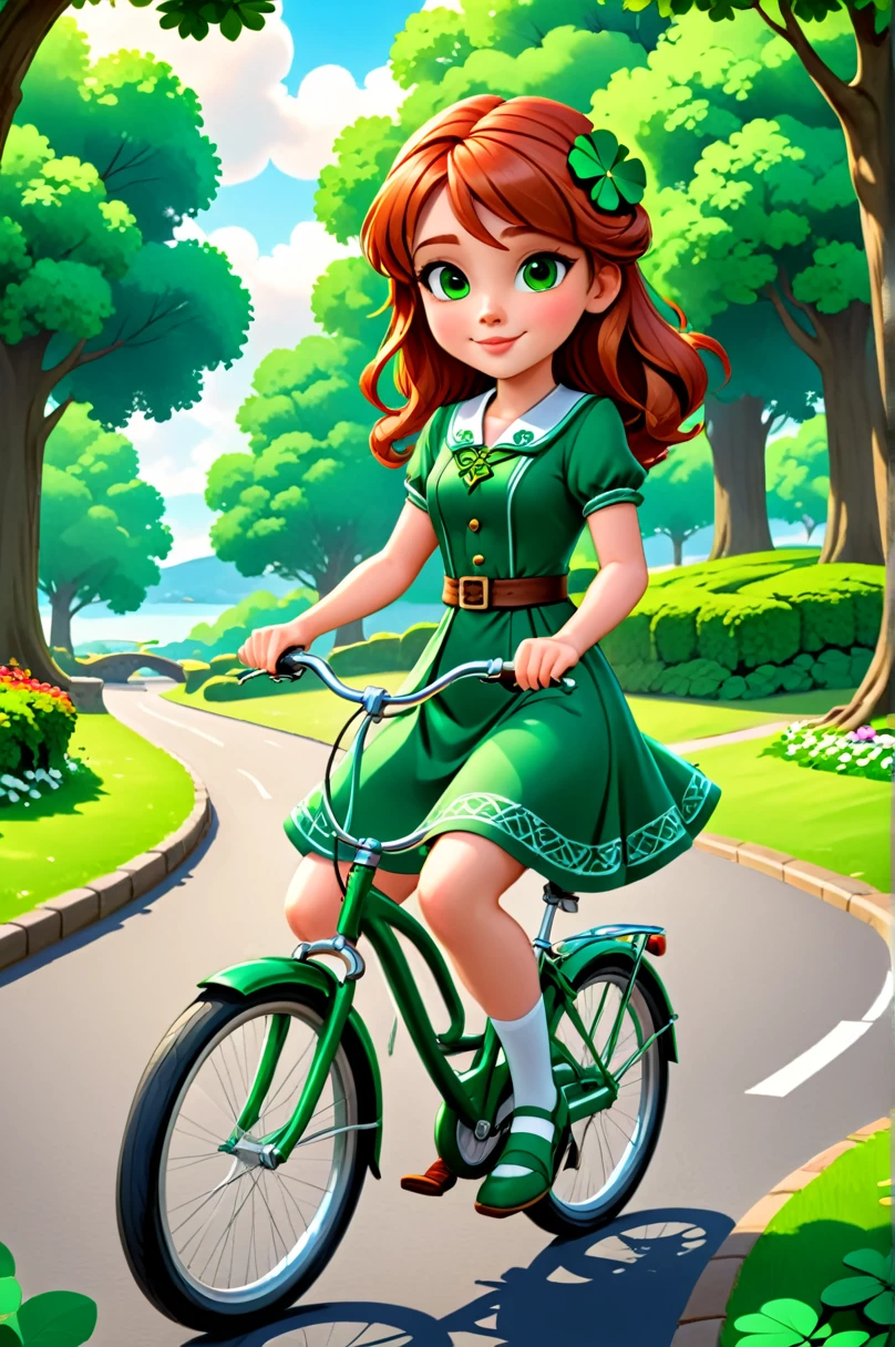 Irish  girl with red hair wearing traditional green dress, illustration, 3d, cartoon, shamrock, CELTIC CROSS, CELTIC KNOT, high resolution, high quality, detailed, masterpiece, hdr, sharp, riding a bike in the park [Biophilic Design style],[ abbe bi style], BREAK score_9, score_8_up, score_7_up, score_6_up , amazing, beautiful, breathtaking, astonishing, brilliant, incredible,