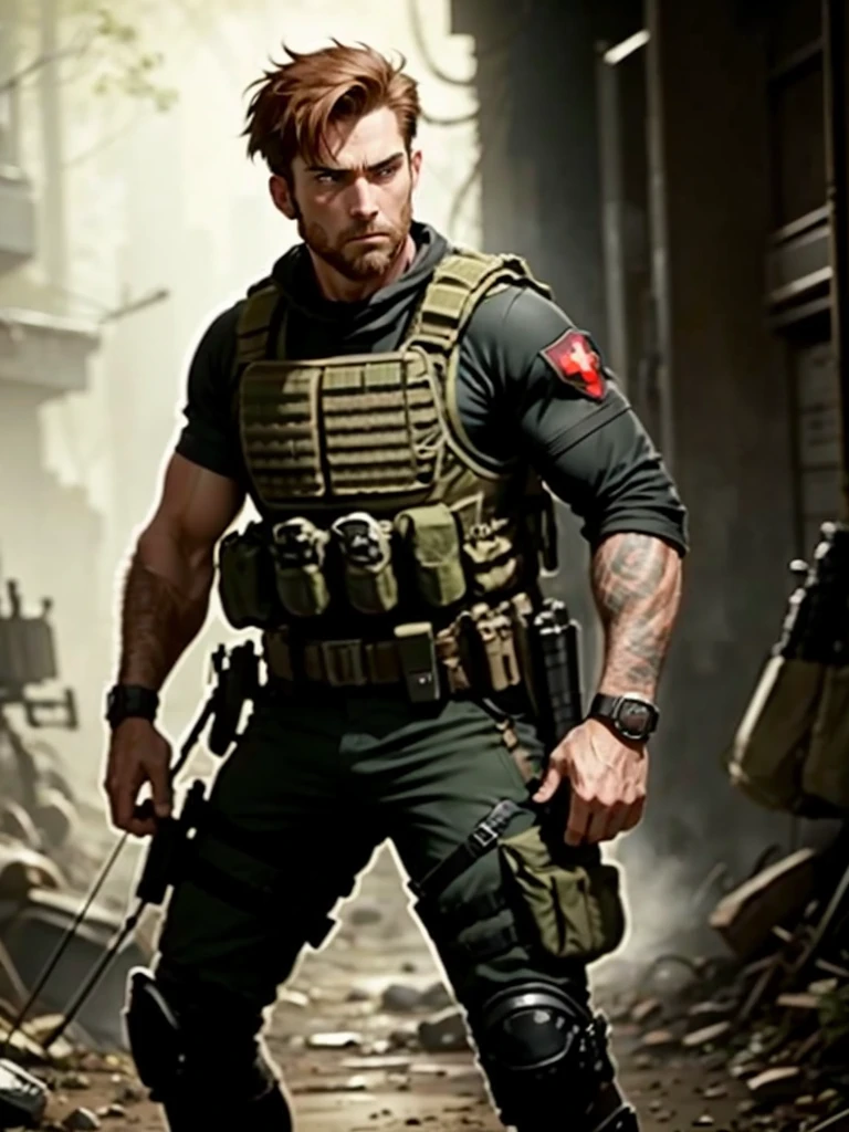 boots, canadian male, full body, holding a bow and arrow in his hands, knee pads, male focus, military, military uniform, pouch, reddish-brown hair, clean-shaven, solo, standing, assault vest, drop-down pistol holster, jungle background, battle, tanks, explosions, gritty war-torn atmosphere, black ops,